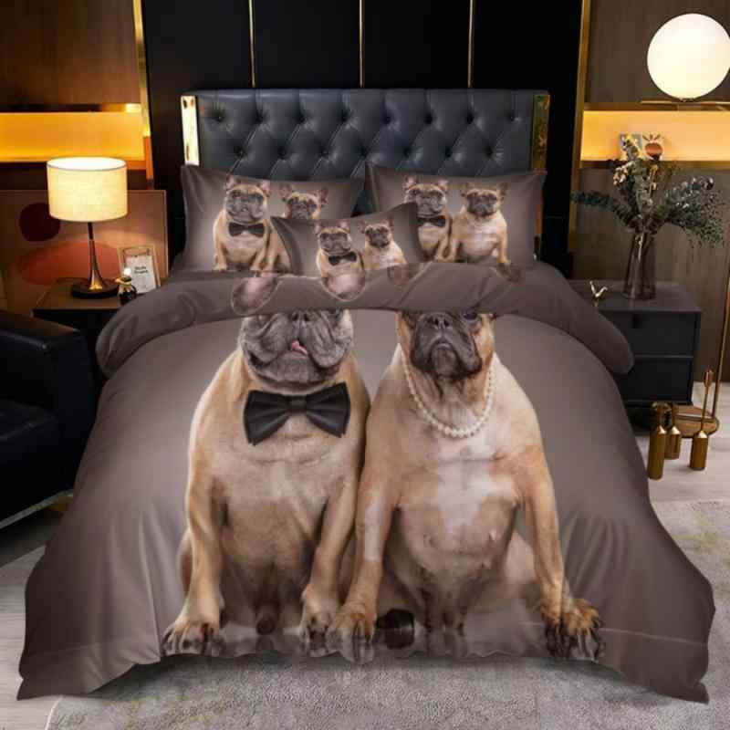 寝具 デジタルプリント かわいい 犬柄 3点セット 掛け布団カバー 枕カバー ピーチスキン加工 化繊素材 平織り モダン シンプル ベッドリネン 多サイズ対応