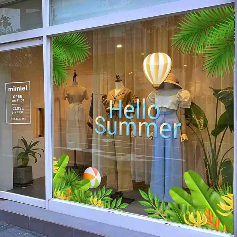 ガラスフィルム 静電吸着 貼ってはがせる 防水 UVカット 透明 熱帯植物 ボタニカル柄 インスタ風 店舗用 窓 目隠し モダン シンプル デコレーションシート