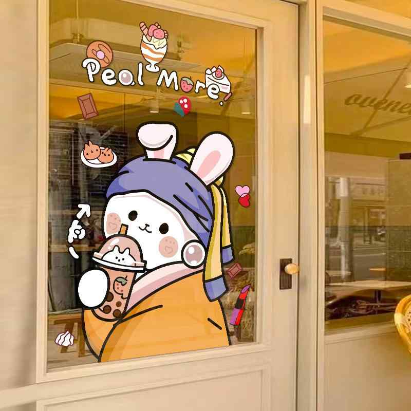 ウォールステッカー パール 少女 イラスト かわいい おもしろ キャラクター インスタ風 PVC製 静電透明 店舗 ショーウィンドウ ミルクティー カフェ ドリンク店向け デコレーション