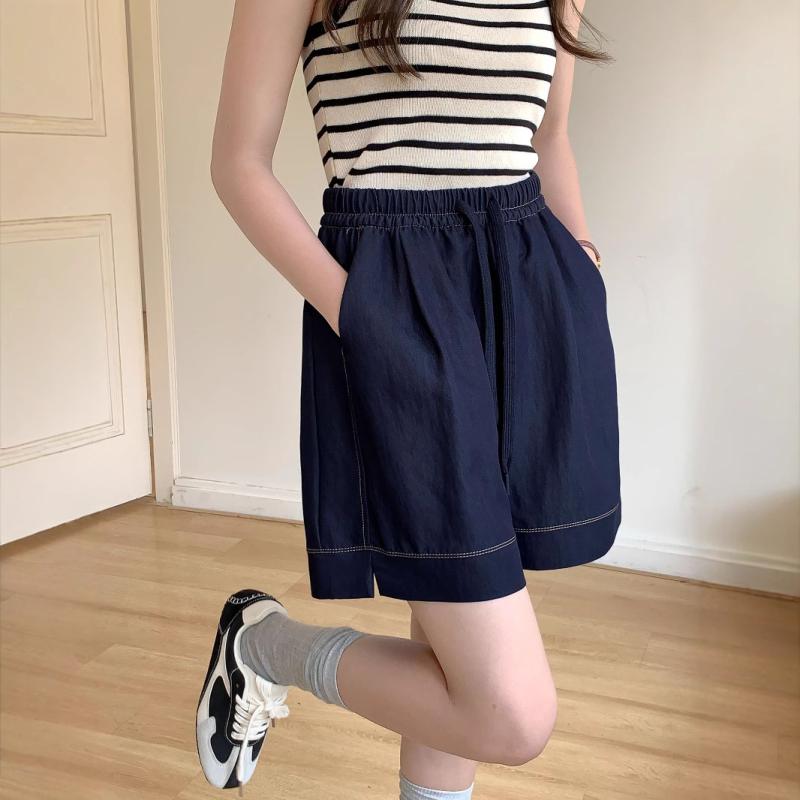 ショートパンツ レディース 接触冷感 ゆったり ハイウエスト ウエストゴム ドローストリング ステッチデザイン レトロ カジュアル 韓国風 ストレート ナイロン コットン レーヨン混紡 春夏 白 部屋着 ルームウェア