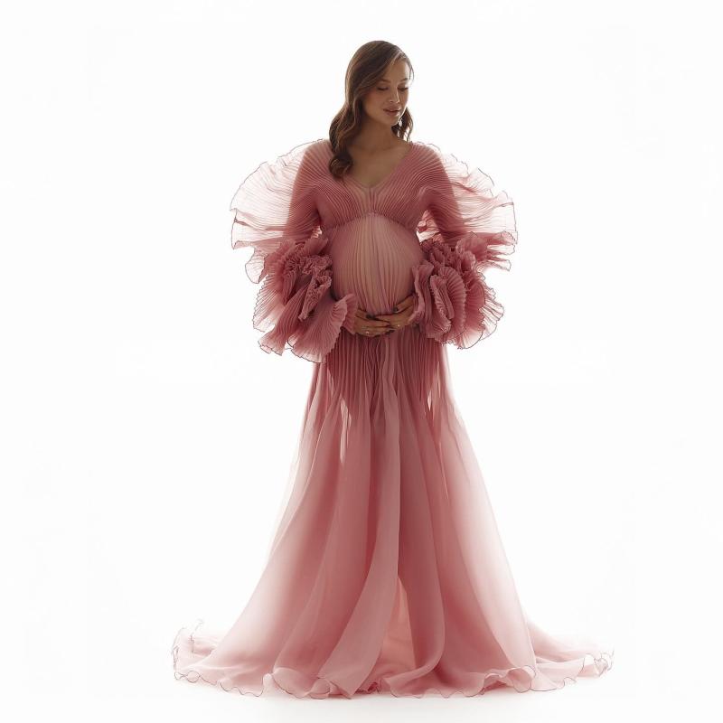 ワンピース レディース 妊婦 マタニティ フォト 撮影 用 ドレス プリーツ シースルー 七分袖 Vネック ロング丈|モズラボ