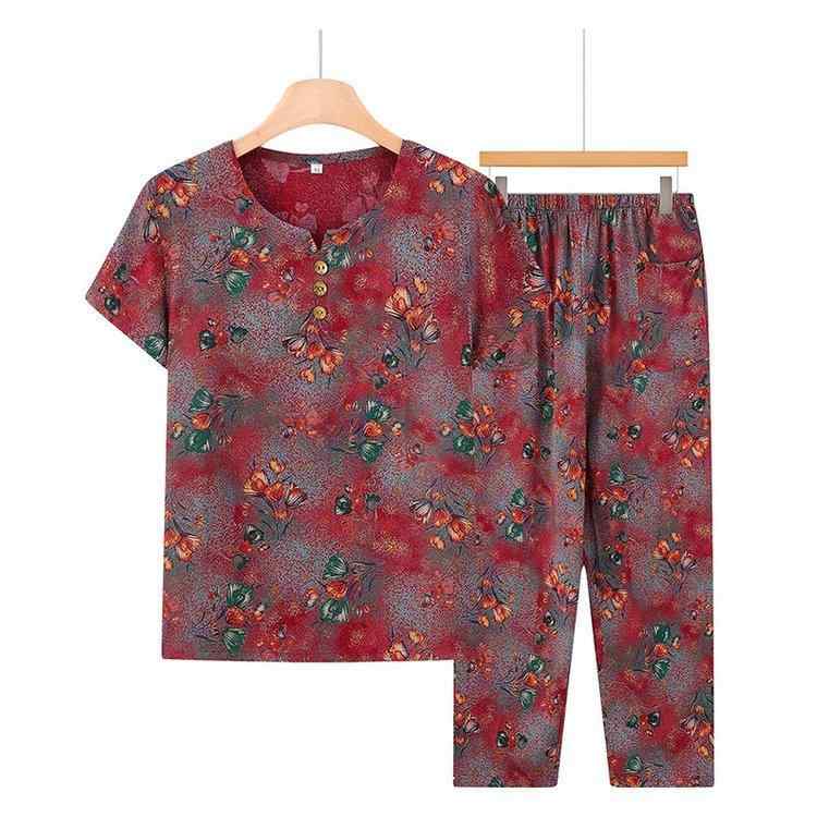 セットアップ レディース シニア 祖母 薄手 接触冷感 吸汗速乾 再生繊維 半袖Tシャツ 九分丈パンツ 2点セット プルオーバー ゆったり 花柄 カジュアル 夏 部屋着 大きいサイズ