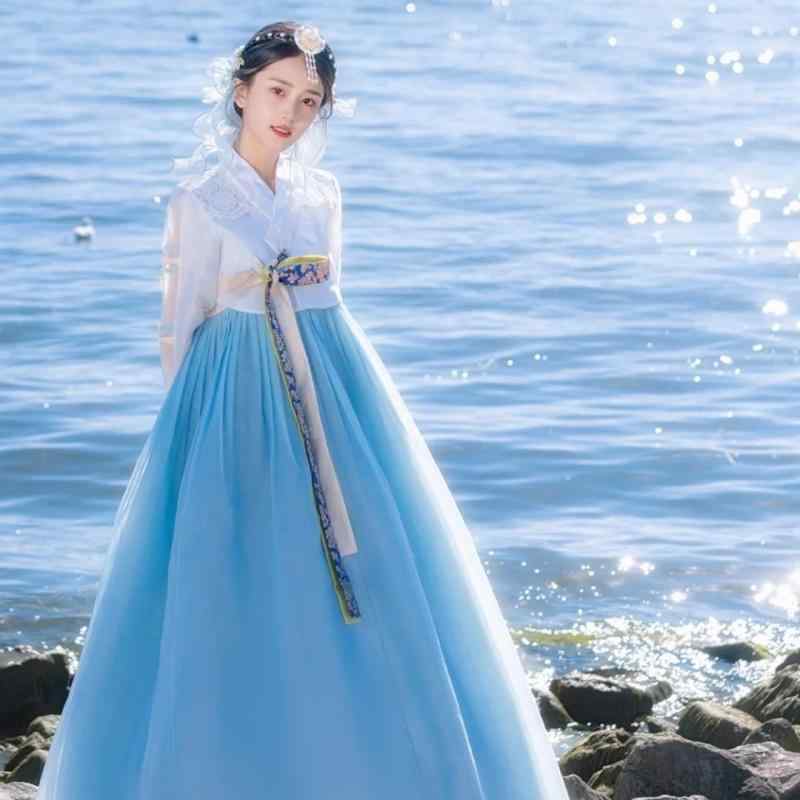 ドレス レディース 韓服 青色 シースルー チュールドレス 宮廷礼服 民族衣装 旅行 撮影 コスプレ イベント用 シェニール織 ストレッチ フリーサイズ 大人用 優雅 華やか