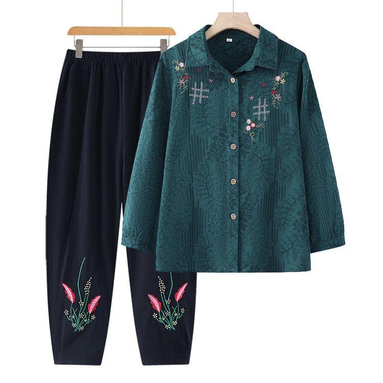セットアップ レディース シニア ミセス 女性用 春夏 薄手 綿麻 長袖 花柄 刺繍 前開き ゆったり ロングパンツ 快適 上下セット