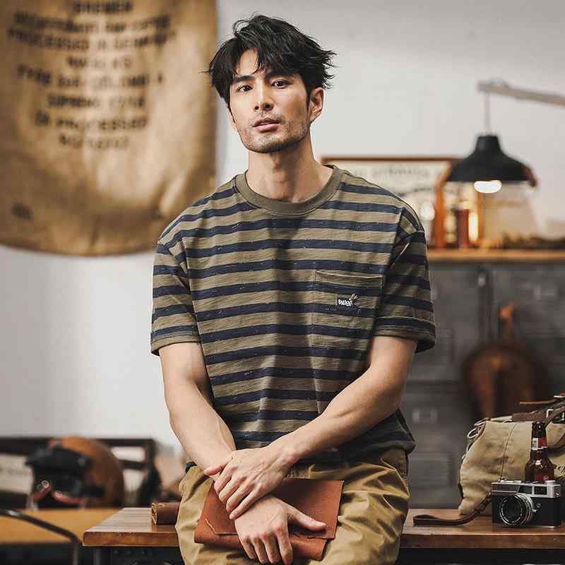 Tシャツ メンズ 春夏 アメカジ レトロ ヴィンテージ ボーダー ストライプ マリン ゆったり オーバーサイズ ドロップショルダー 薄手 抗菌 ノーアイロン コットン コーマ綿 半袖 クルーネック 配色切り替え カジュアル ストリート デイリーユース