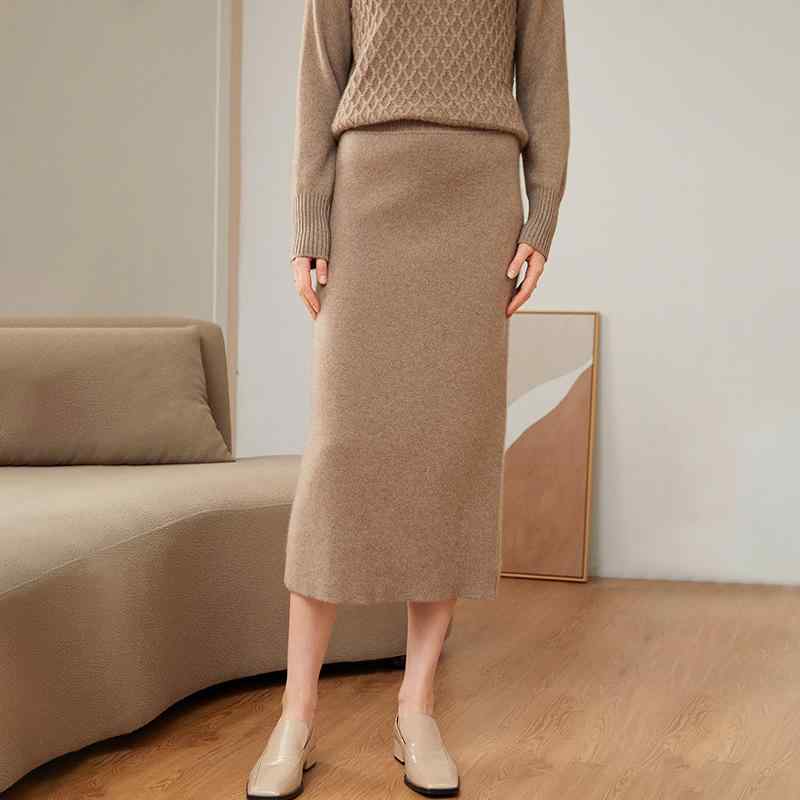 スカート レディース 100% カシミヤ 厚手 秋冬 防寒 暖かい 伸縮性 スリット入り ミモレ丈 膝下丈 タイト スリム 通勤 オフィス きれいめ 上品 エレガント