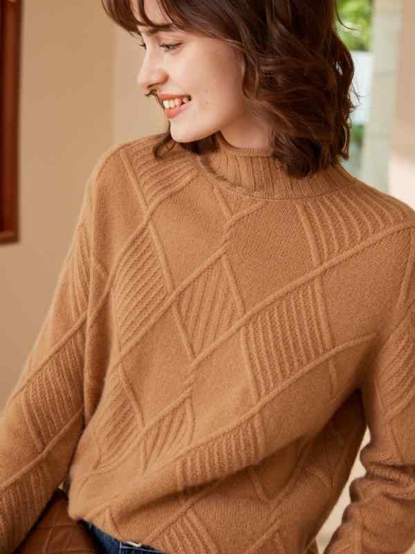 セーター ニット レディース 100% 純カシミヤ ハイネック 厚手 長袖 秋冬 プルオーバー 菱形柄 リブ編み ケーブル編み 通勤 オフィス カジュアル フリーサイズ ネイビー パープル キャメル｜モズラボ