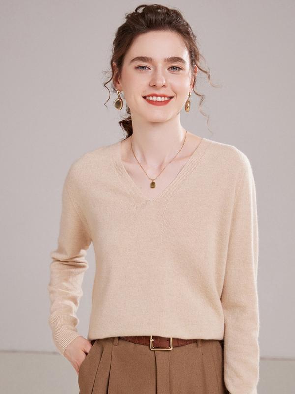 ニット レディース 女性用 Vネック シームレス 無縫製 ゆったり ルーズフィット ベビーカシミヤ混 やわらか 長袖 プルオーバー 中厚手 リブ編み ミドル丈 きれいめ 通勤 オフィス 上品 エレガント 大人 秋冬|モズラボ