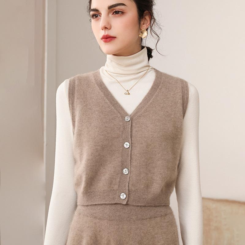 ベスト レディース 女性用 100%純カシミヤ Vネック 開襟 ショート丈 無地 シングルボタン 春秋 羽織り 重ね着 上品 通勤 オフィス カジュアル レギュラーフィット|モズラボ