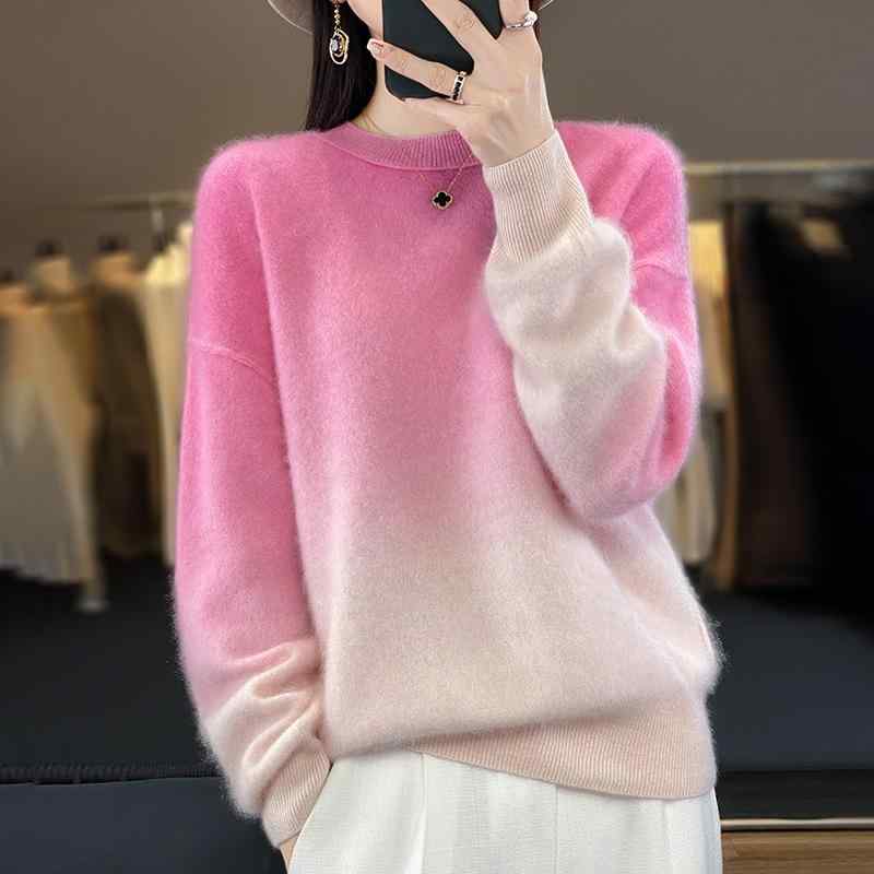 ニット レディース 100%カシミヤ ラウンドネック ゆったり 長袖 起毛 グラデーション ドロップショルダー 秋冬 通勤 オフィス きれいめ 普段使い