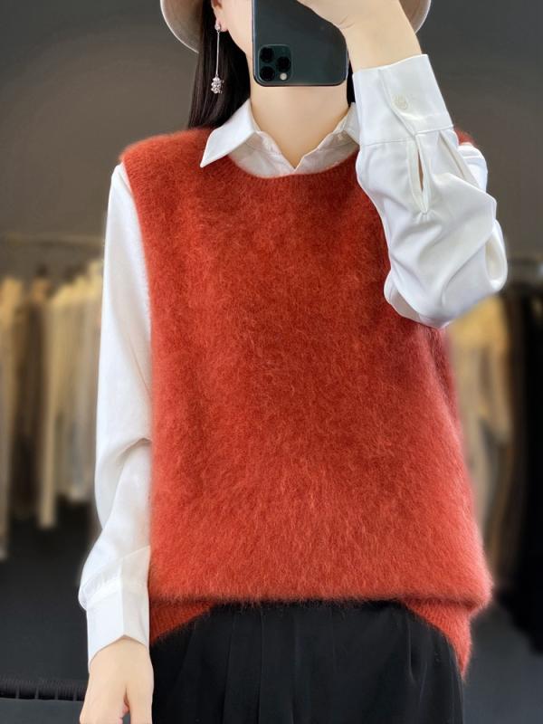 ベスト レディース 女性用 100%純カシミヤ ニット ジレ プルオーバー 起毛 中厚手 イージーケア クルーネック 丸首 ノースリーブ 袖なし 秋冬 通勤 オフィス きれいめ 無地