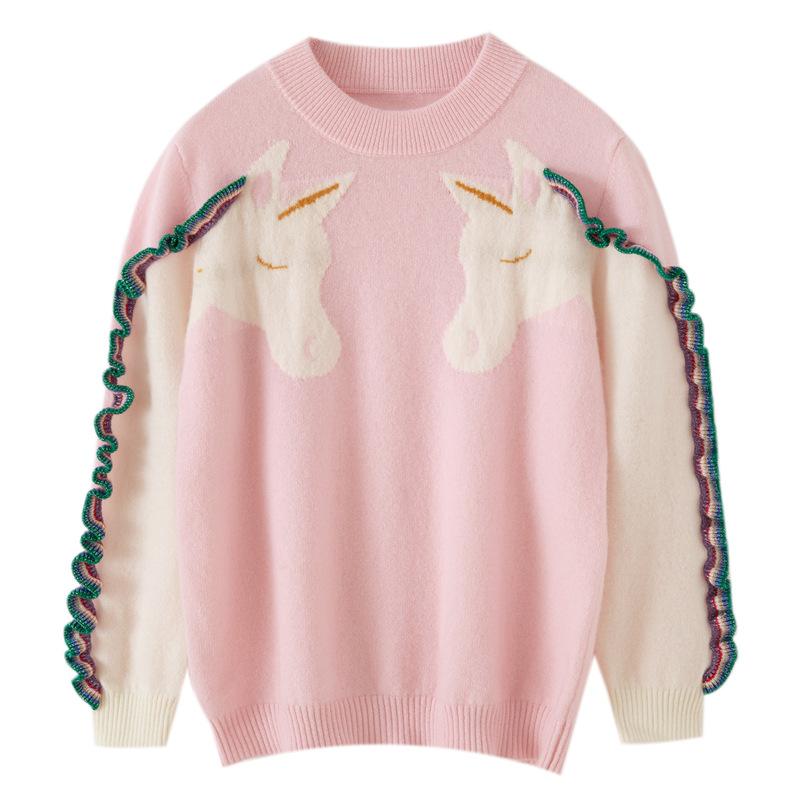 ニット 男女兼用 キッズ ベビー 厚手 長袖 丸首 プルオーバー カシミヤ ポニー柄 ジャガード 秋冬 柔らかい肌触り カジュアル 子供服 ピンク オフホワイト ジュニア|モズラボ