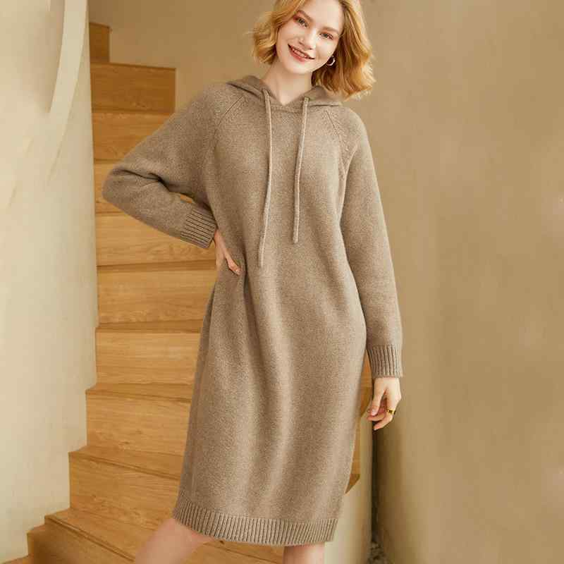 ニットワンピース レディース カシミヤ100% 厚手 フード付き ゆったり ミドル丈 長袖 通勤 きれいめ 無地 秋冬 セーター
