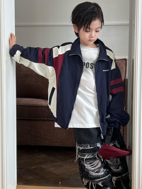 ジャケット キッズ 男の子 女の子 ベビー 春夏 ソフトタッチ デニム 綿 コットン 長袖 ショート丈 シングルボタン 韓国風 おしゃれ レトロ ヴィンテージ トレンド 切り替え 刺繍 ロゴ