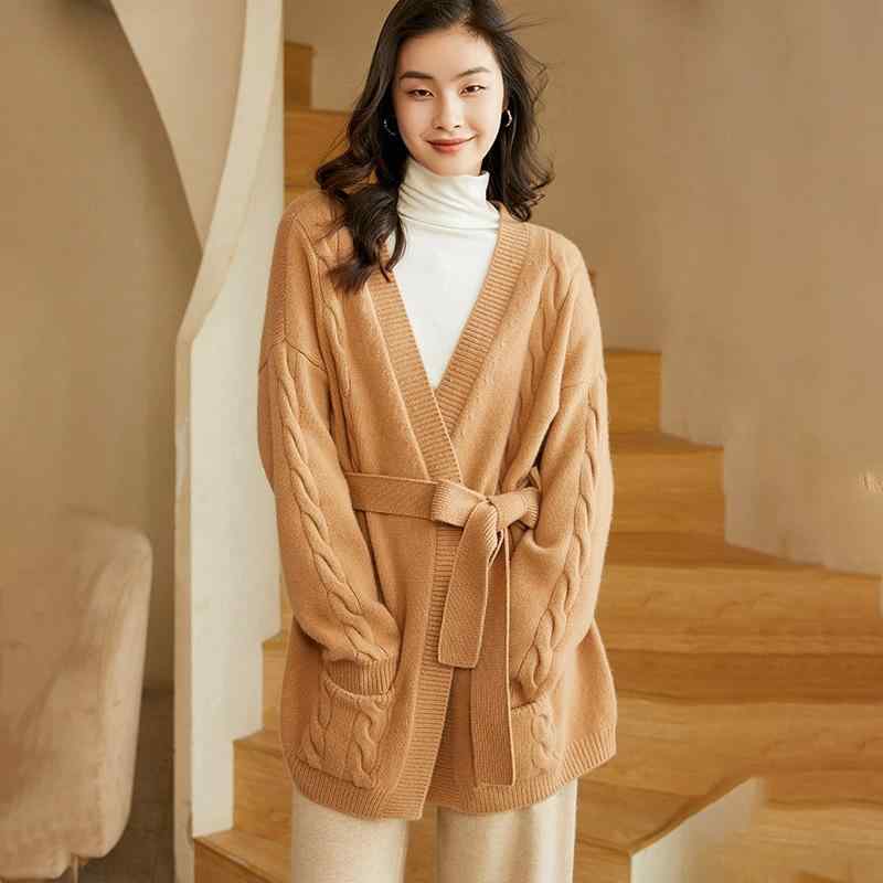 カーディガン レディース 秋冬 100% カシミヤ Vネック ベルト付き 厚手 ケーブル編み ゆったり ミドル丈 長袖 ドロップショルダー 通勤 オフィス ニット