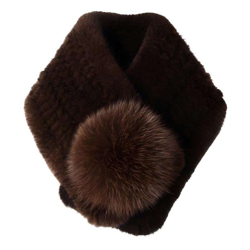マフラー レディース 秋冬 保温 防寒 あったか リアルファー ミンクファー フォックスファー ポンポン 編み込み クロス 小判型 なめらか やわらか ファッション 通勤 オフィス カジュアル おしゃれ ブラック ライトグレー ダークブラウン