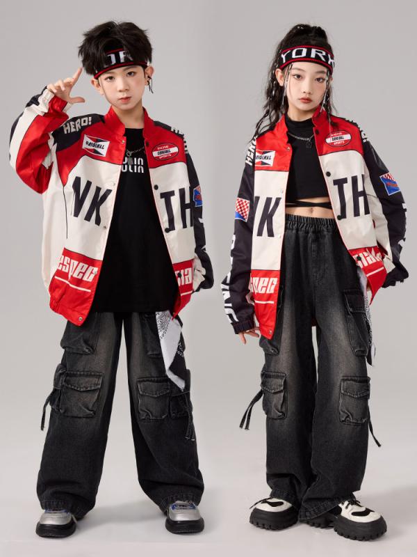 ダンスウェア キッズ 男の子 クール ライダース風 ストリート ジャズ ヒップホップ ジャケット デニムパンツ 3点セット セットアップ 発表会 ステージ衣装 パフォーマンス 韓国ファッション ポリエステル 秋冬