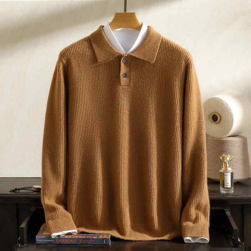 ニットセーター メンズ 100%カシミヤ 厚手 高級感 パール編み 2つボタン ポロ襟 長袖 無地 防シワ 秋冬 ビジネス カジュアル
