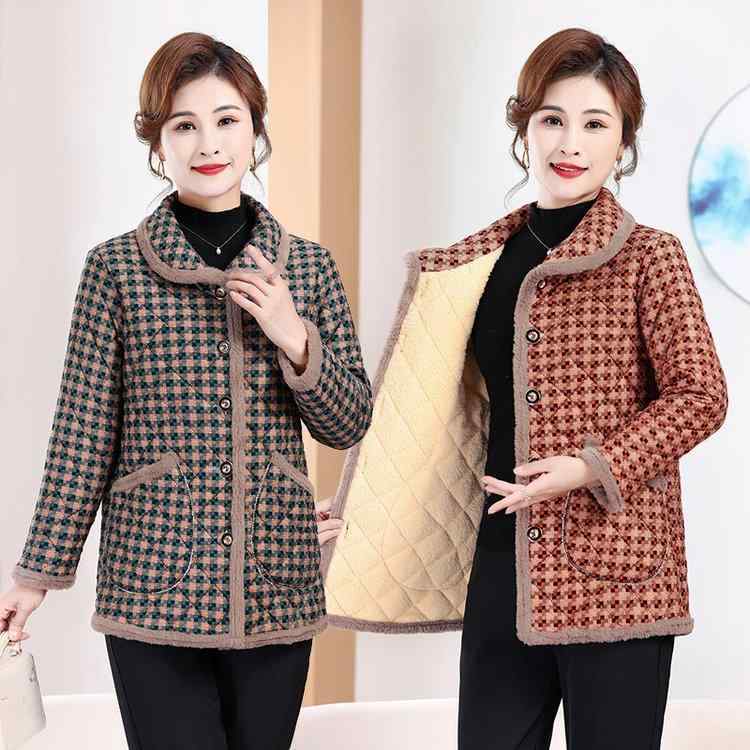 中綿コート レディース ママ ミセス シニア 秋冬 厚手 裏ボア 暖かい フェイクダウン 襟付き ミドル丈 おしゃれ チェック柄 ゆったり ポケット付き 通勤アウター