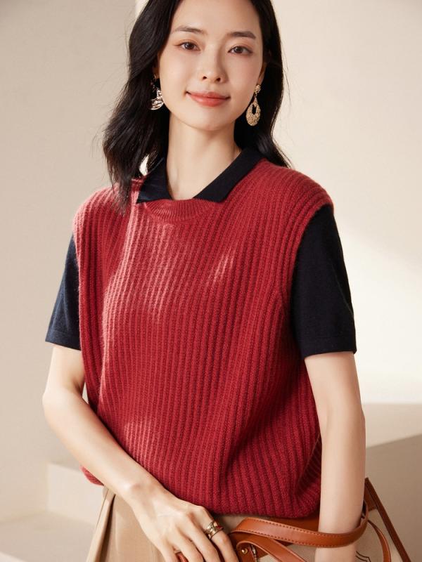ベスト レディース 女性用 純カシミヤ カシミア 秋冬 ラウンドネック ゆったり ゆるめ 楽ちん ノースリーブ ショート丈 通勤スタイル リブ編み トップス プルオーバー シンプル カジュアル 無地
