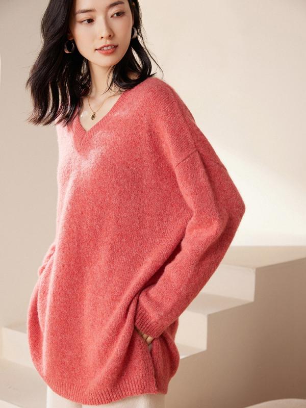 ニット レディース 100% 純カシミヤ 厚手 秋冬 Vネック ドロップショルダー オーバーサイズ プルオーバー セーター ミドル丈 通勤 オフィス 上品 カジュアル 長袖｜モズラボ