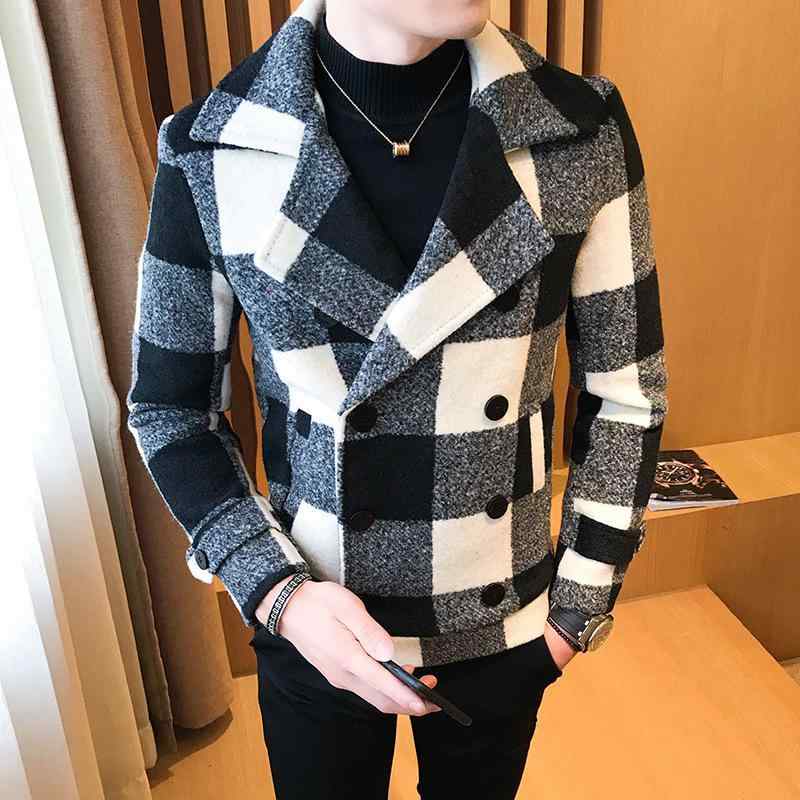 Pコート メンズ 秋冬 厚手 防寒 韓国風 ショート丈 スリム ダブルボタン カジュアル 千鳥格子 グレンチェック