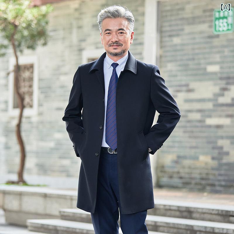トレンチコート メンズ 男性用 薄手 ミドル丈 ビジネス カジュアル オフィスカジュアル シワになりにくい スリムフィット シングルボタン 無地 春秋 ポリエステル混紡素材 大きいサイズ