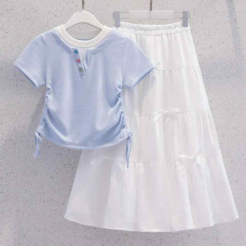 子供服 女の子 キッズ ジュニア 韓国風 おしゃれ 春夏 フェイクツーピース 半袖 Tシャツ スカート 切り替え セットアップ ツーピース 小学生 中学生 通学 ポリエステル ピンク ブルー イエロー