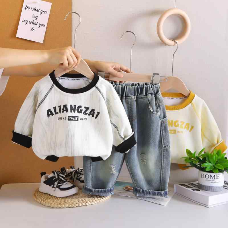 セットアップ 男の子 キッズ 子供 肩落ち ドロップショルダー 英字プリント スウェット トレーナー クルーネック 長袖 ロングパンツ 2点セット ツーピース 春秋 韓国風 綿 コットン カジュアル