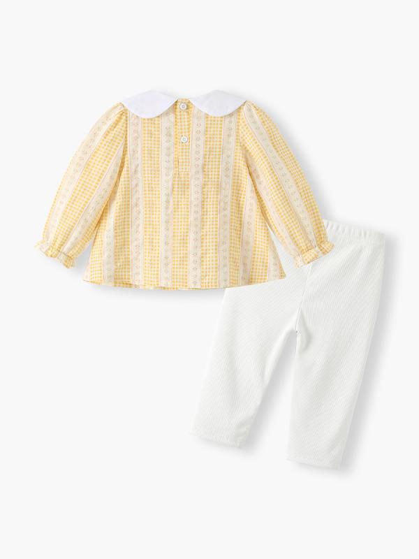 子供服 女の子 ベビー 秋物 韓国風 かわいい シャーリング 長袖 黄色 ストライプ柄 パンツ セットアップ 2点セット 綿100%トップス 柔らか素材 1-3歳 80-100cm