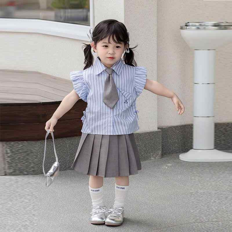 キッズ セットアップ 女の子 ジュニア 高学年 小学生 中学生 春夏 韓国風 スクール風 おしゃれ 半袖 ポロシャツ 薄手 プリーツスカート 2点セット
