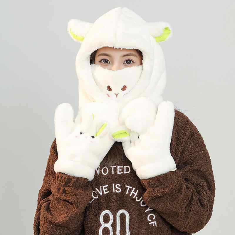 帽子 レディース かわいい ひつじ フェイクファー 一体型 マスク ネックウォーマー グローブ付き 保温 防寒 防風 あったか 秋冬 もこもこ フードウォーマー 万能