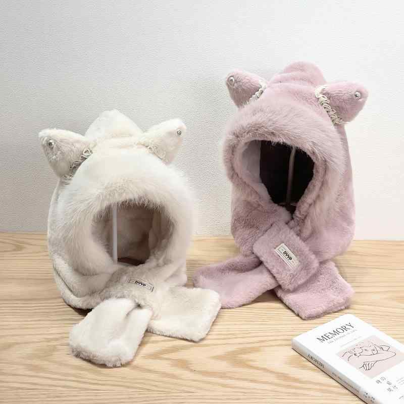 帽子 レディース 防寒 保温 耳当て付き ふわふわ もこもこ 猫耳 かわいい 厚手 マフラー一体型 サイクリング 自転車 冬 白 ベージュ ピンク カーキ ラベンダー