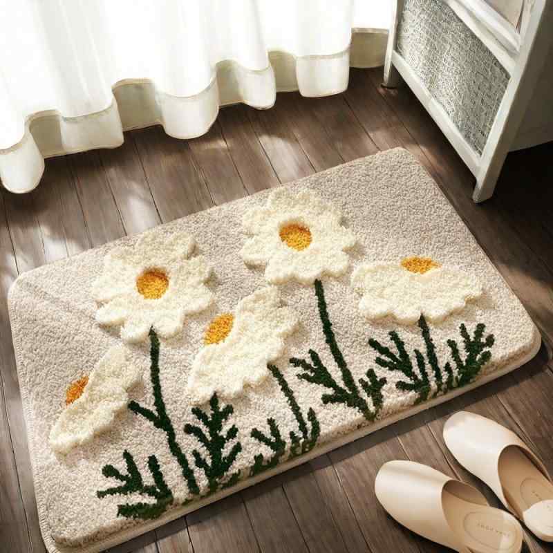 玄関マット バスマット リビング 寝室 洗面所用 吸水性 3D 立体デザイン 高低パイル 植毛 ボタニカル グリーン 花柄 足拭きマット ポリエステル製