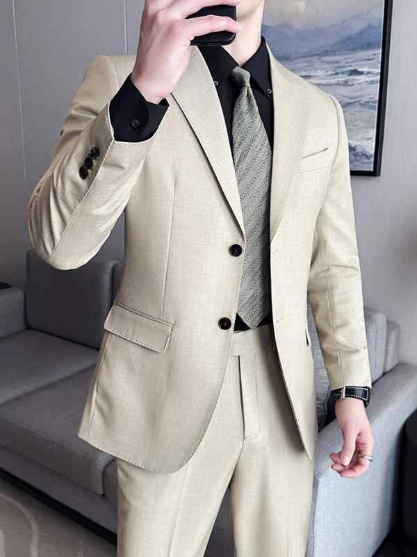 スーツ メンズ 男性用 ビジネス フォーマル オフィス 通勤 セレモニー 結婚式 スリムフィット 細身 ウール混 無地 上質 エレガント 2つボタン ノッチドラペル サイドベンツ セットアップ 春秋 グレージュ グレーグリーン
