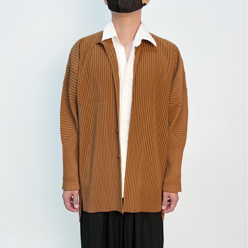 コート メンズ 秋物 ロング丈 プリーツ加工 スタンドカラー フロントオープン サイドスリット シングルブレスト おしゃれ カジュアル ポリエステル素材 黒 ワインレッド|モズラボ