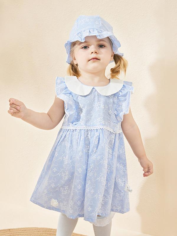 ワンピース キッズ 女の子 ベビー コットン素材 肌に優しい ノースリーブ ブルー 小花柄プリント Aライン 帽子セット 春夏物 おしゃれ かわいい カジュアルスタイル