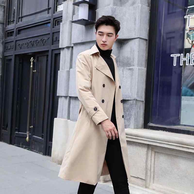 トレンチコート メンズ フード付き シングルボタン スリムフィット ロング丈 膝丈 春秋冬 無地 韓国風 ブリット風 ポリエステル 通勤 ビジネス カジュアル
