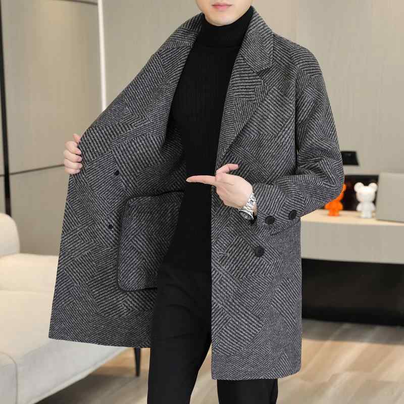 コート メンズ 秋冬 上品な 手縫い ダブルフェイス ウール 厚手 ミドル丈 ロング丈 スリムフィット ビジネス 通勤 ポリエステル混紡 ヘリンボーン柄｜モズラボ