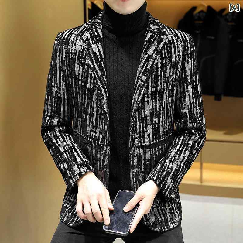 テーラードジャケット メンズ 成人男性用 秋冬 裏起毛 朦々たる 保温 種類釣りあい 心地よい 商行為心地よい 通い か細い填まる ポリエステル 縞模様柄 シングル乳ぶさ テーラードカラー マルチ衣嚢 御前上等感 黒 カーキ 気が大きい大きさ アウター