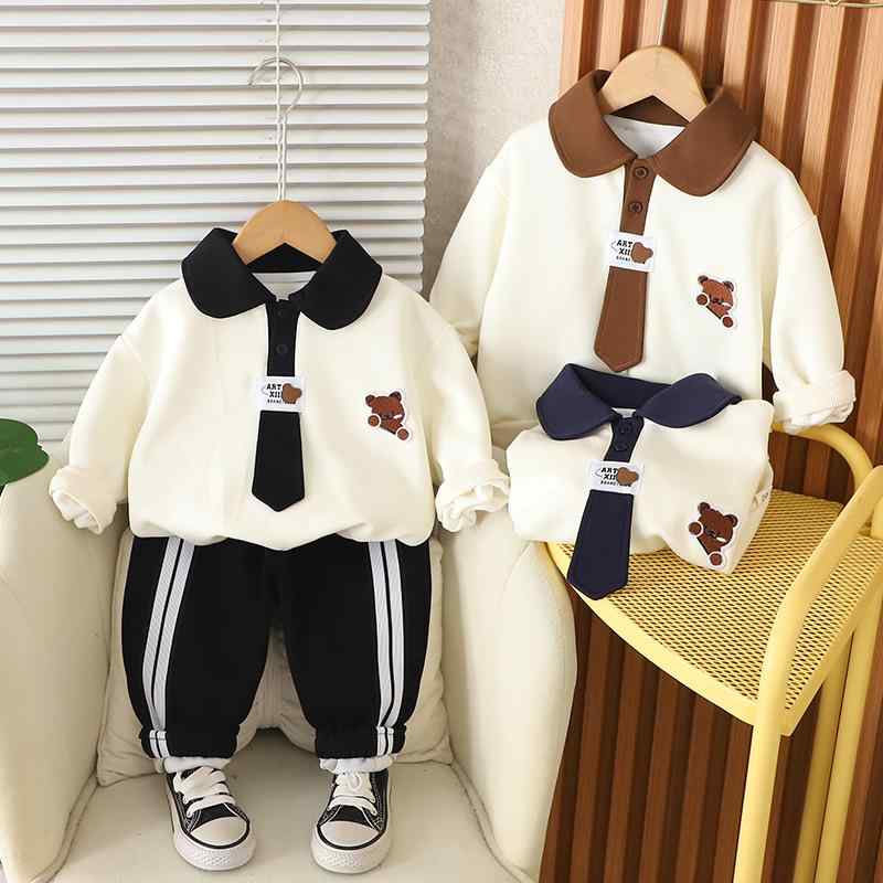 セットアップ 男の子 キッズ スクール風 長袖 ポロシャツ パンツ 2点セット キャラクター かわいい ストライプ柄 韓国風 綿混 柔らか素材 秋冬 通園 通学 子供服