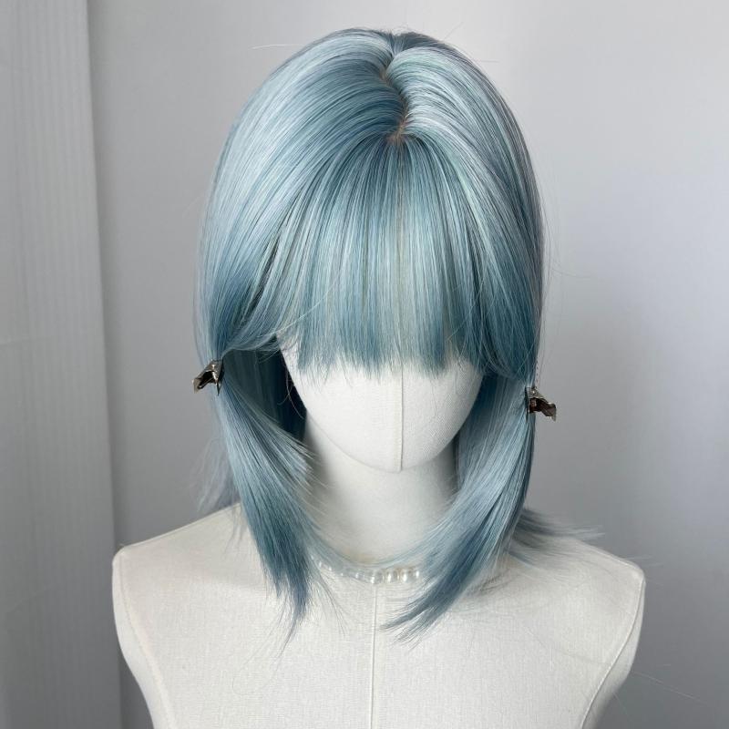 ウィッグ レディース 女性用 ウルフカット マレットヘア ミディアム パッツン前髪 フルウィッグ くすみブルー アッシュ系カラー 高温耐熱ファイバー 小顔効果 ナチュラル 普段使い イメチェン おしゃれ
