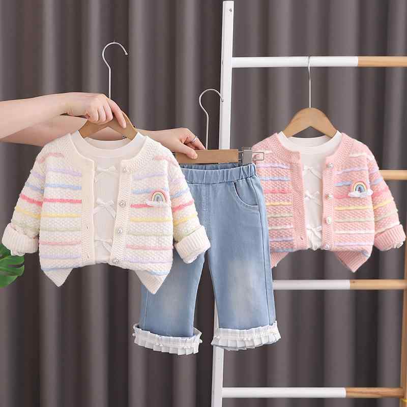 キッズ セットアップ 1歳 2歳 女の子 ベビー パンツ 春秋 カラフル ニット カーディガン 3点セット おしゃれ かわいい 韓国風 長袖 綿素材 ストライプ柄 シングルボタン