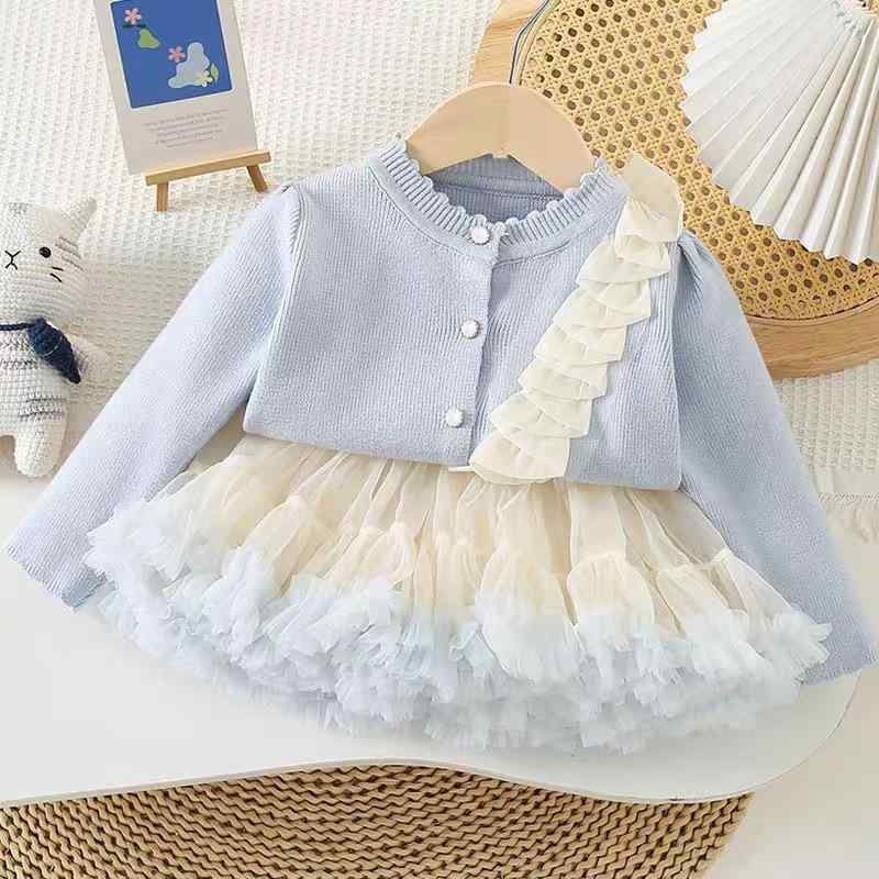セットアップ 女の子 子供 ニット 長袖 カーディガン ワンピース 2点セット 春秋 上品 プリンセス おしゃれ かわいい 切り替えデザイン ガールズ ジュニア ポリエステル綿混 通園 通学 お出かけ