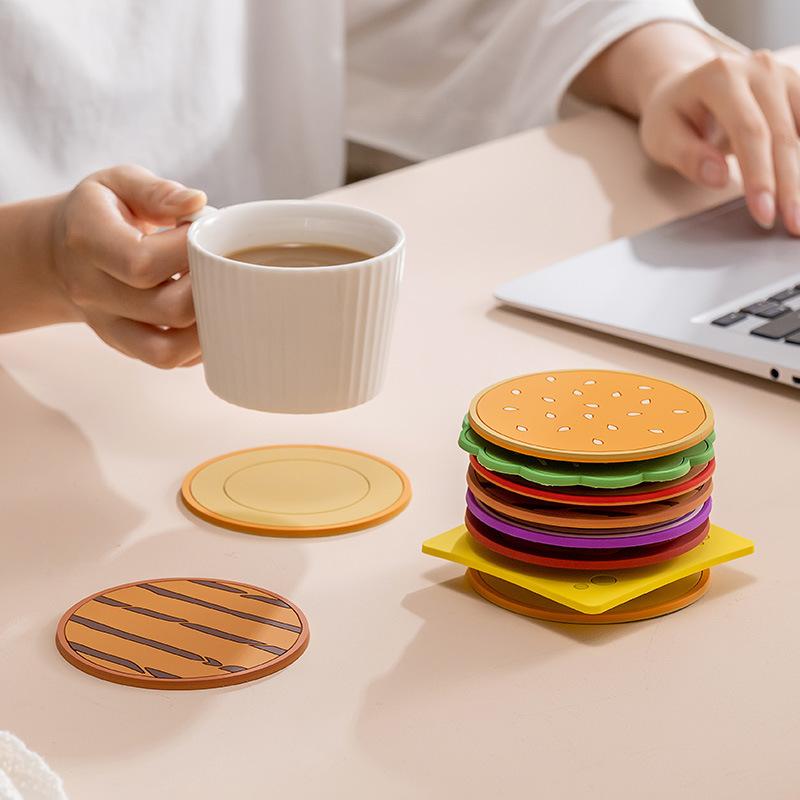 コースター ランチョンマット かわいい ハンバーガー 積み重ね式 滑り止め 断熱 PVC製 おしゃれ 食卓 キッチン雑貨 テーブルマット 丸型 角型