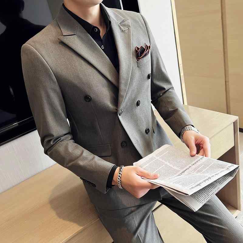 スーツ メンズ 春夏 ビジネス オフィス カジュアル フォーマル 結婚式 大きいサイズ ダブルブレスト 2つボタン ピークドラペル スリムフィット ポリエステル 軽量 セットアップ 黒 紺 青 グレー ベージュ 緑｜モズラボ