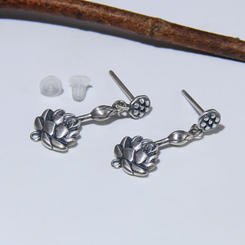 ピアス レディース 925純銀製 ハンドメイド レトロ中国風 文芸テイスト 蓮の花 蓮の実モチーフ スタッド ドロップ