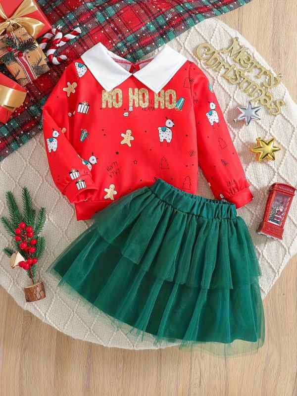 セットアップ キッズ 女の子 秋冬 クリスマス 赤 襟付き スウェット かわいい キャラクタープリント 2層チュール ケーキスカート 2点セット