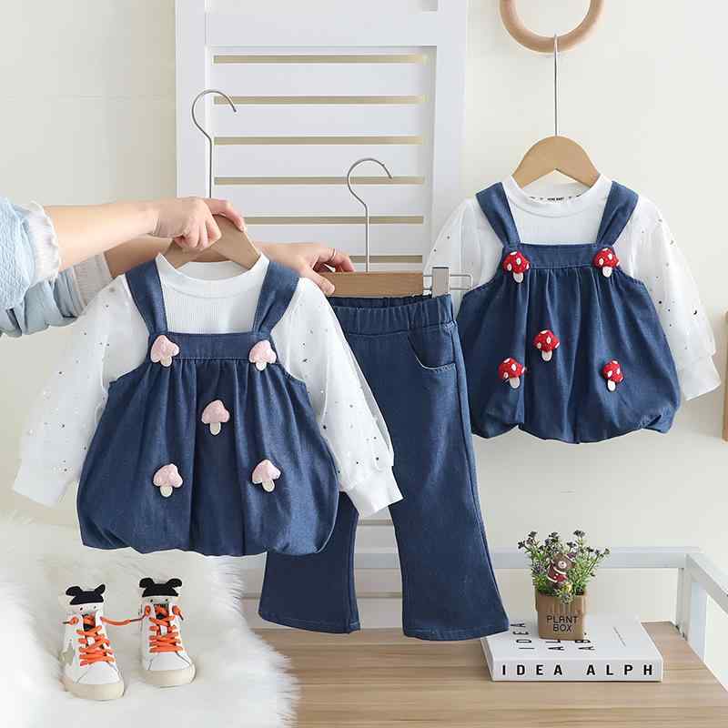 キッズ 女の子 ガールズ ベビー セットアップ 3点セット ベスト ジレ デニムパンツ ジーンズ 春秋 おしゃれ かわいい トレンド 韓国風 カジュアル 綿素材 コットン レッド ピンク