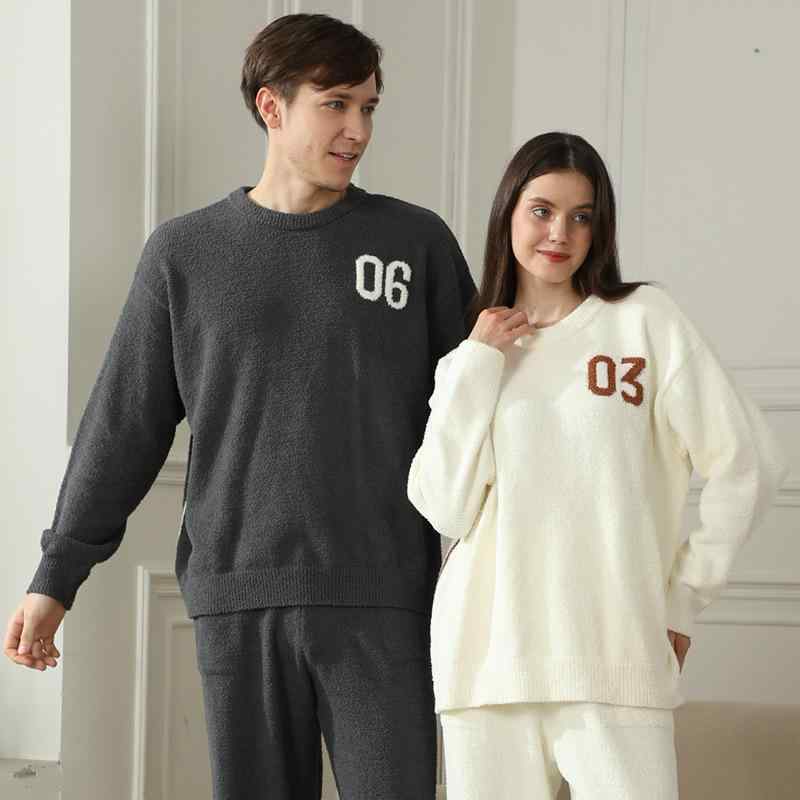 ルームウェア カップル ペア あったか 保温 フリース もこもこ 厚手 プルオーバー 長袖 ロングパンツ 丸首 通気性 伸縮性 セットアップ シンプル カジュアル 快適